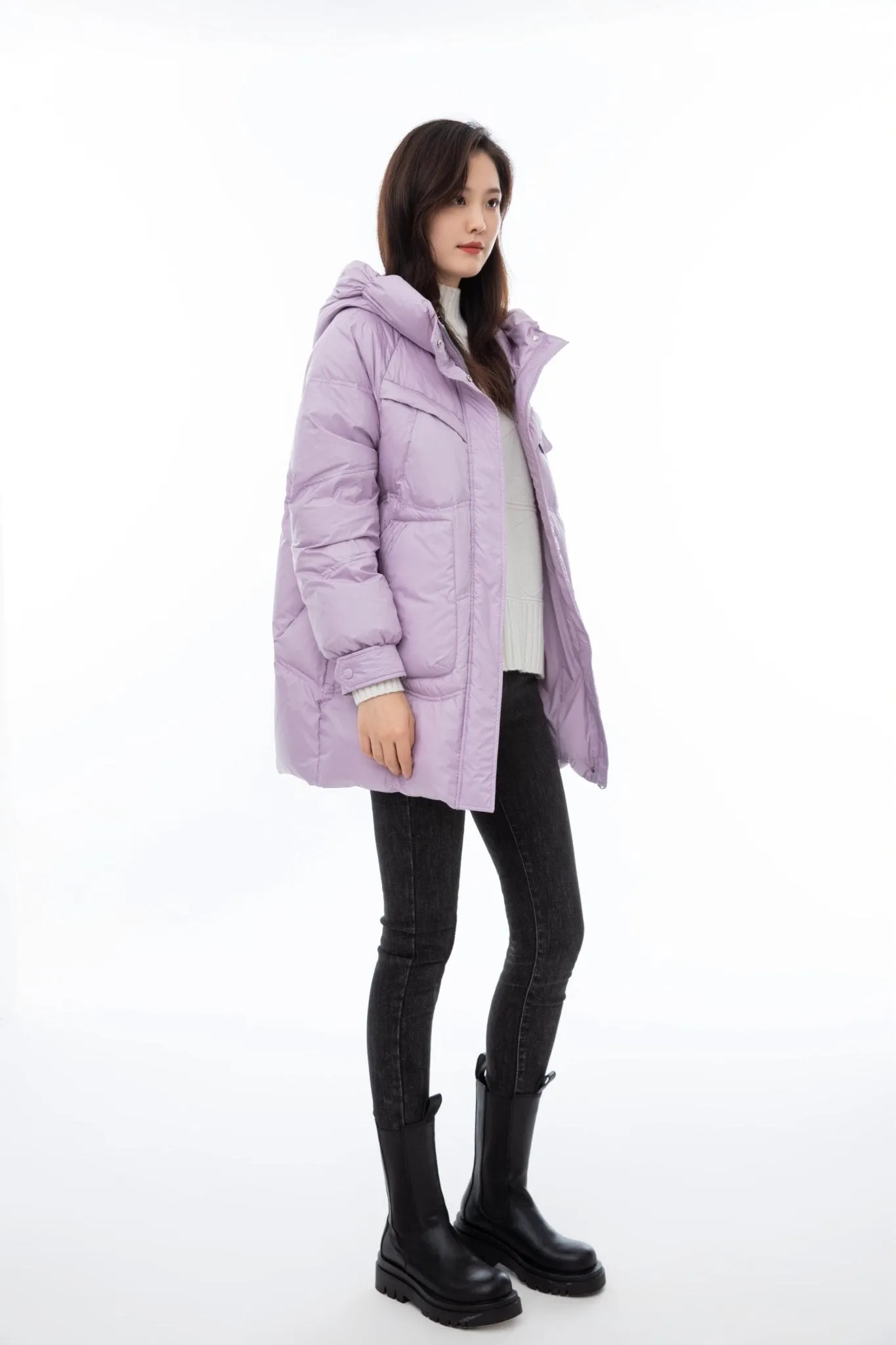 Lavender Hooded Long Goose Down Jacket