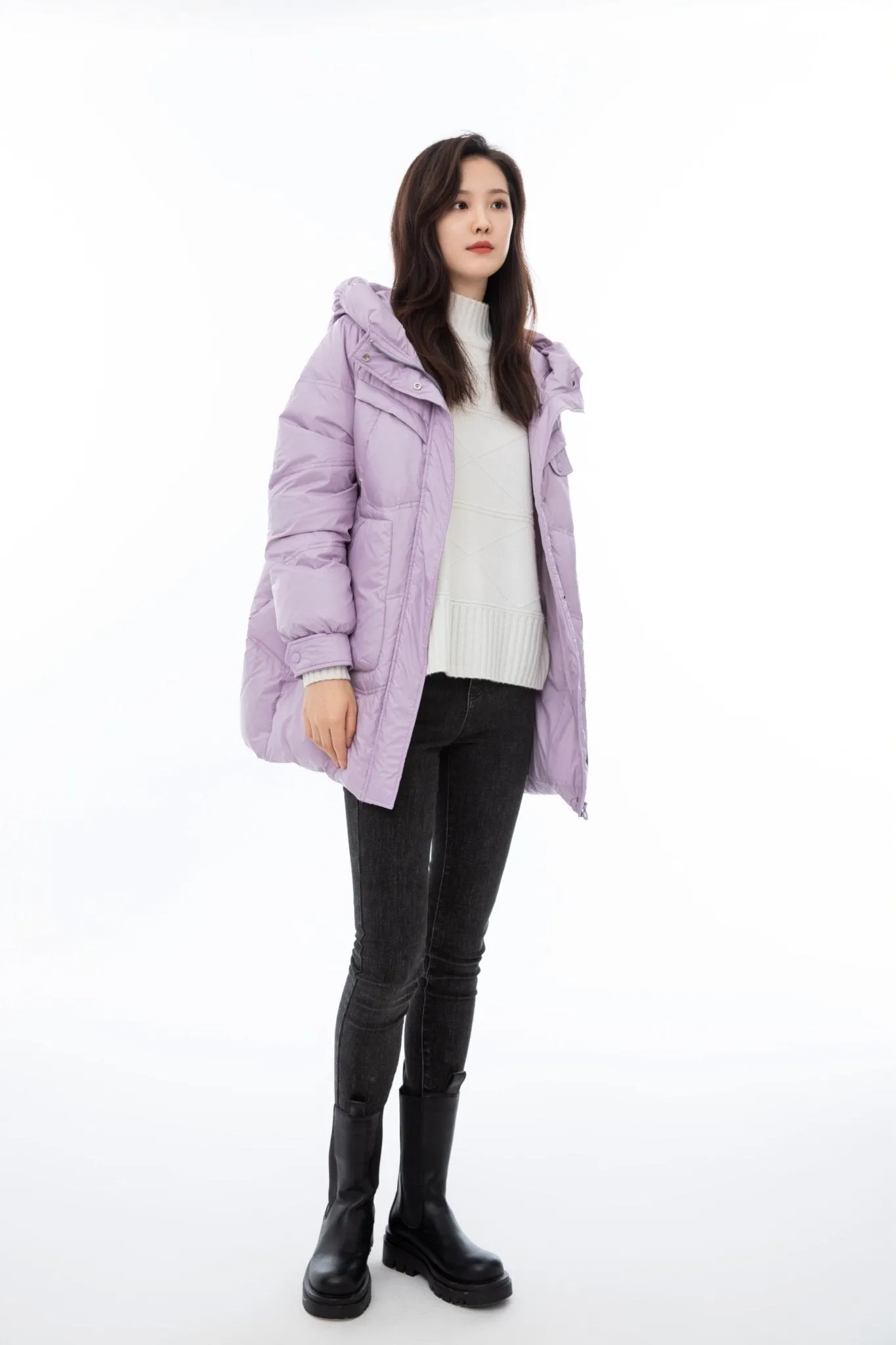 Lavender Hooded Long Goose Down Jacket