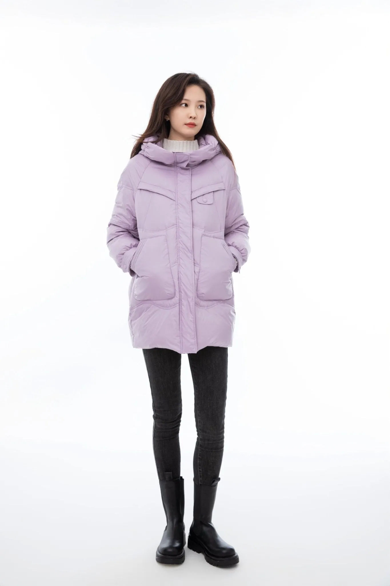 Lavender Hooded Long Goose Down Jacket