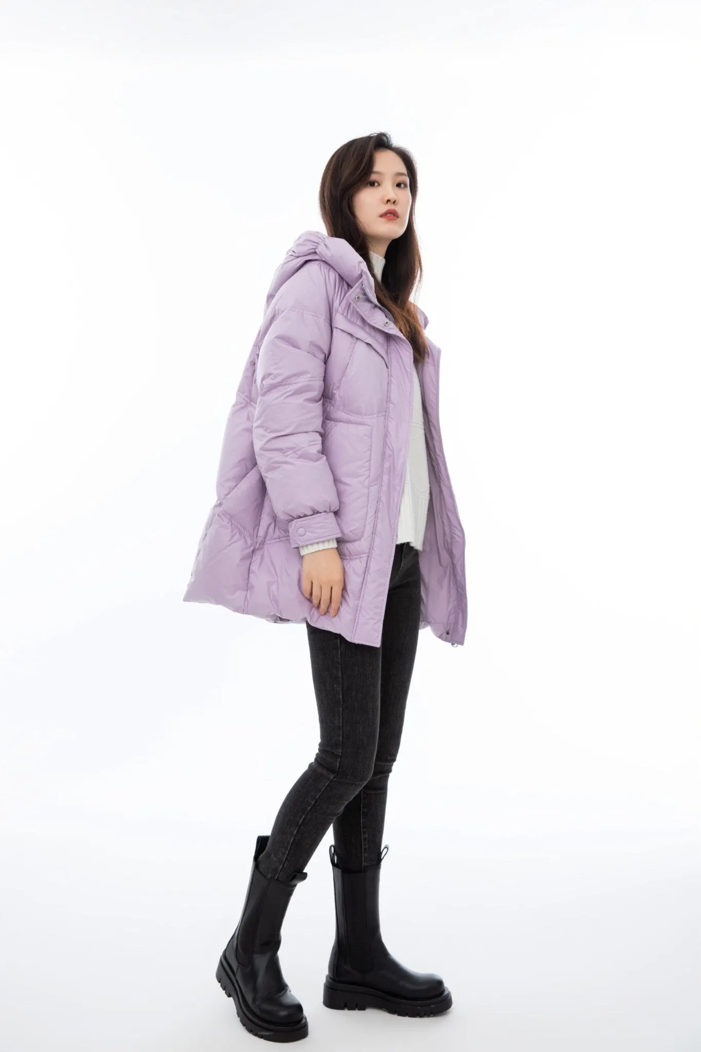 Lavender Hooded Long Goose Down Jacket