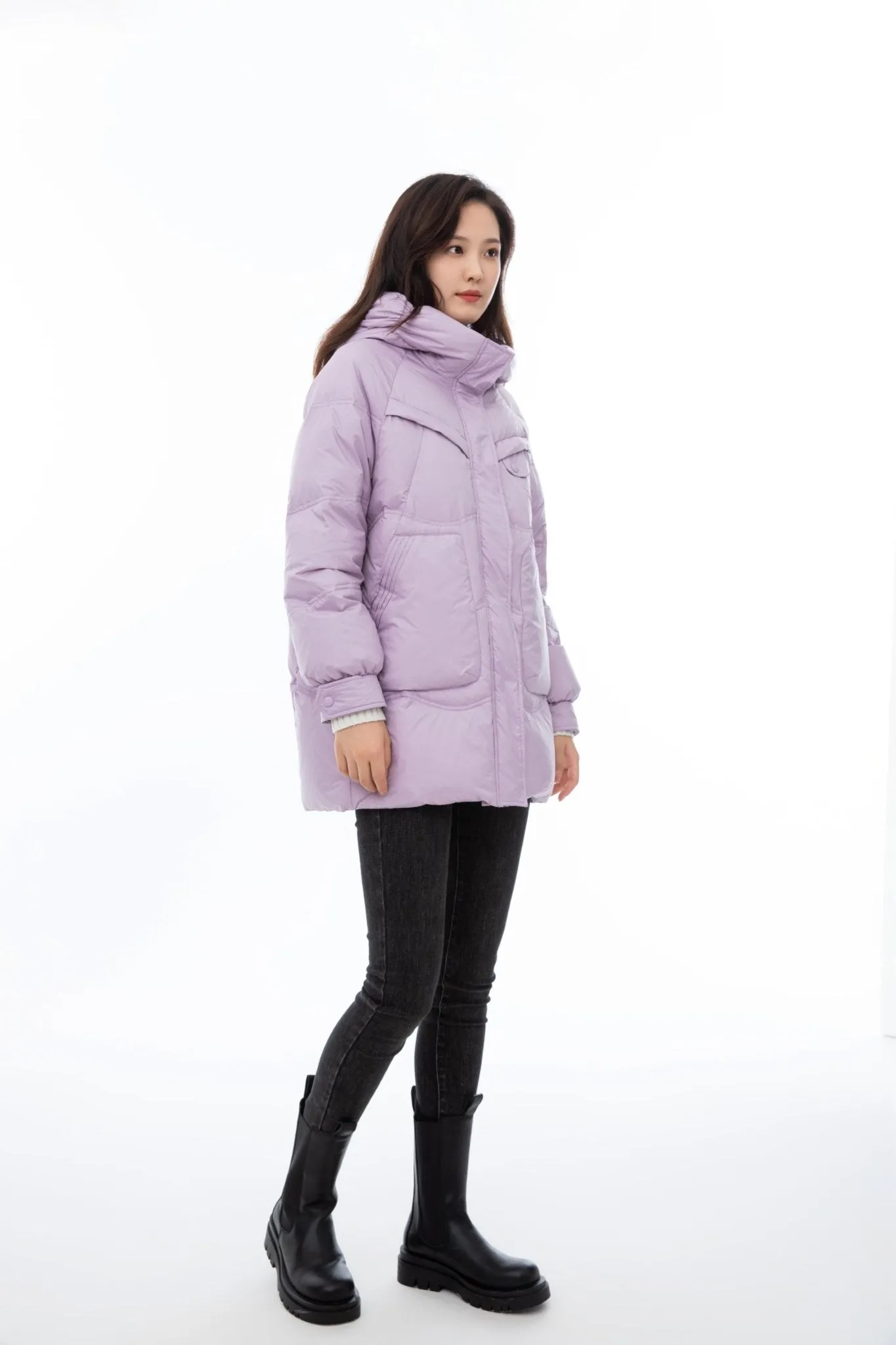Lavender Hooded Long Goose Down Jacket
