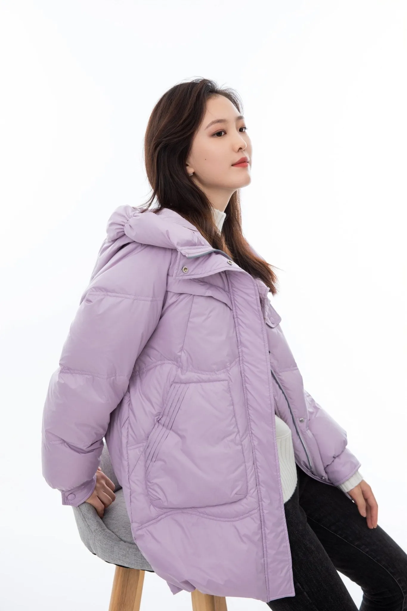 Lavender Hooded Long Goose Down Jacket