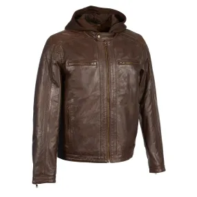 Milwaukee Leather-SFM1845-Men's Brown  Zipper Front Leather Jacket with Removable Hood