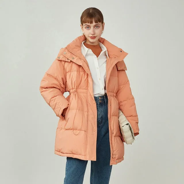 Women Coats Jackets Winter Stand-up Collar Hood Light Color Down Jackets 90 White Duck Down Mid-length Down Coats